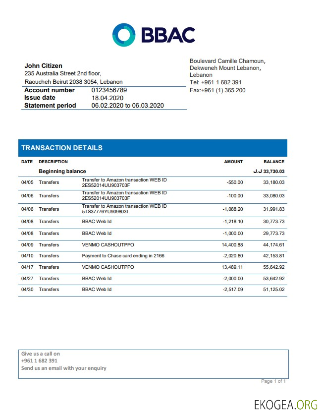 Relevé de la banque BBAC du Liban